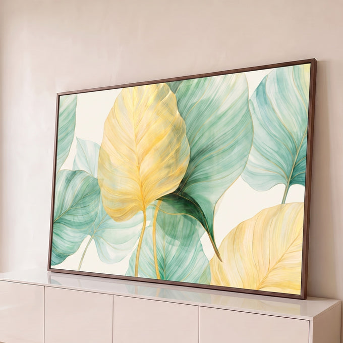 Quadro Decorativo Grande Folhas Tropicais para Sala Amarelo | quadros decorativos para sala | folhas tropicais em aquarela dourada e verde com nervuras finas sobre fundo branco | Porao dos Quadros