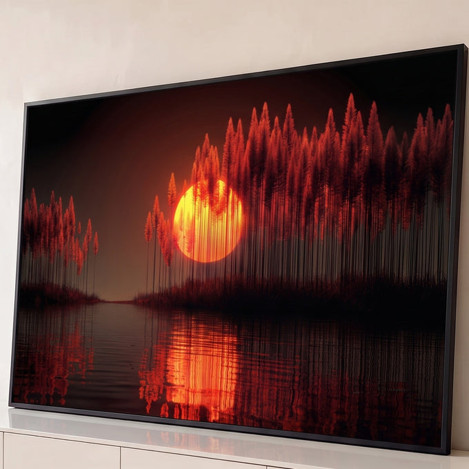 Quadro Decorativo Grande Pôr do Sol Floresta para Sala | quadros decorativos para sala | pôr do sol amarelo atrás de pinheiros vermelhos refletidos na água escura | Porao dos Quadros
