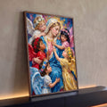 Quadro Decorativo Grande Nossa Senhora Azul para Sala | quadros decorativos para sala | Nossa Senhora de manto azul abraçada por cinco anjinhos com coroas de flores | Porao dos Quadros
