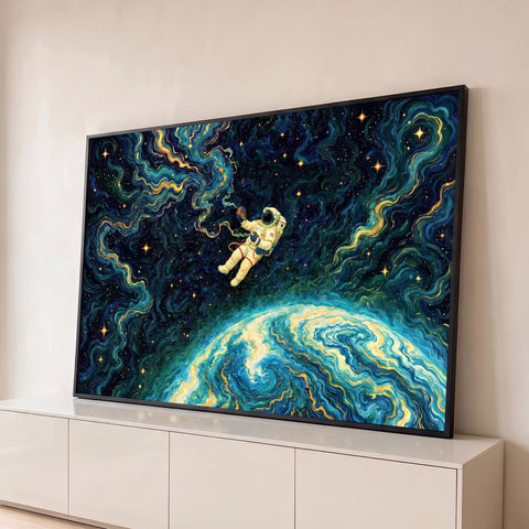 Astronauta flutuando sobre a Terra em céu estrelado com espirais azuis e douradas, quadro decorativo