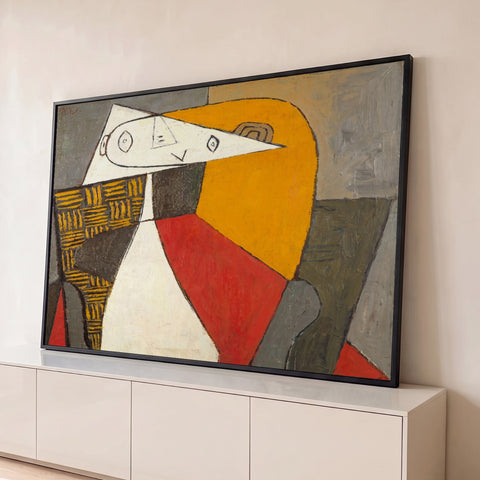 Pintura cubista de Picasso com figura feminina sentada em laranja, vermelho, branco e cinza, quadro decorativo