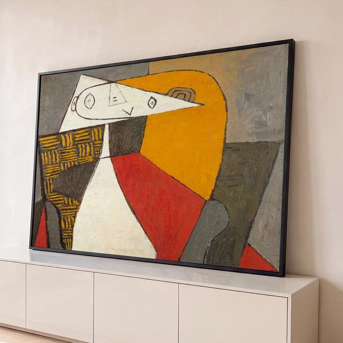 Quadro Decorativo Grande Retrato Cubista para Sala Laranja | quadros decorativos para sala | retrato cubista com face triangular branca, fundo laranja, vermelho e cinza | Porao dos Quadros