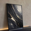 Quadro Decorativo Grande Tela de Pinturas para Sala Preto | quadros decorativos para sala | textura preta espessa em relevo com finas linhas de folha dourada e manchas bege | Porao dos Quadros