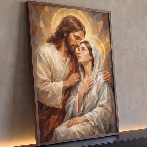 Quadro Decorativo Grande Jesus e Maria para Sala Dourado | quadros decorativos para sala | Jesus e Maria em abraço sagrado com auréolas douradas em estilo geométrico | Porao dos Quadros