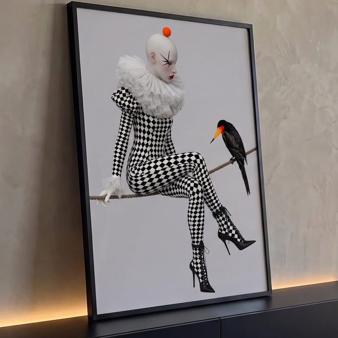 Mulher arlequim em macacão xadrez preto e branco sentada em corda com pássaro negro, quadro decorativo