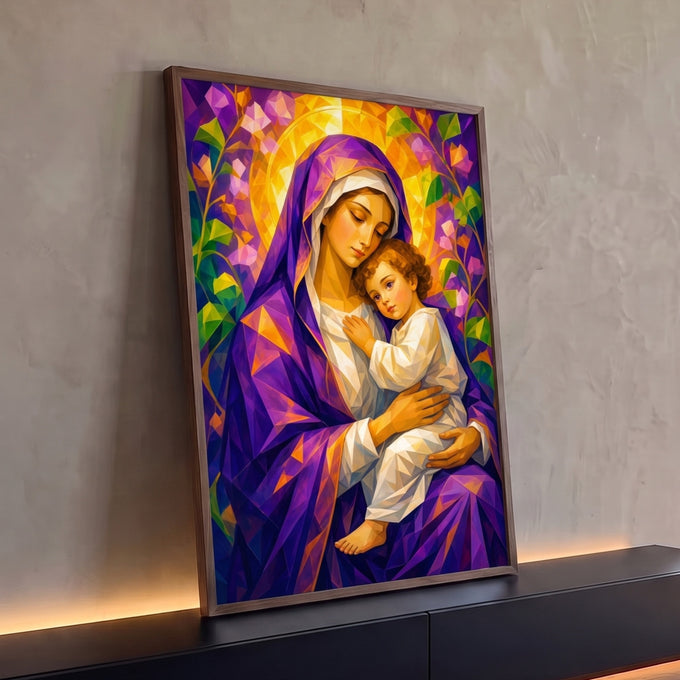 Nossa Senhora abraçando o Menino Jesus em estilo geométrico roxo com auréola dourada, quadro decorativo