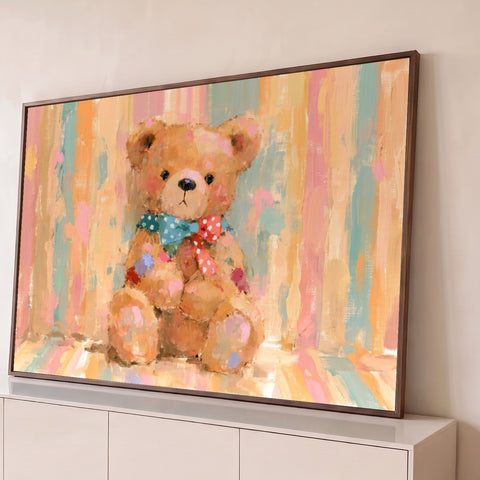 Ursinho de pelúcia com laço de bolinhas em pintura a óleo sobre fundo listrado pastel, quadro decorativo