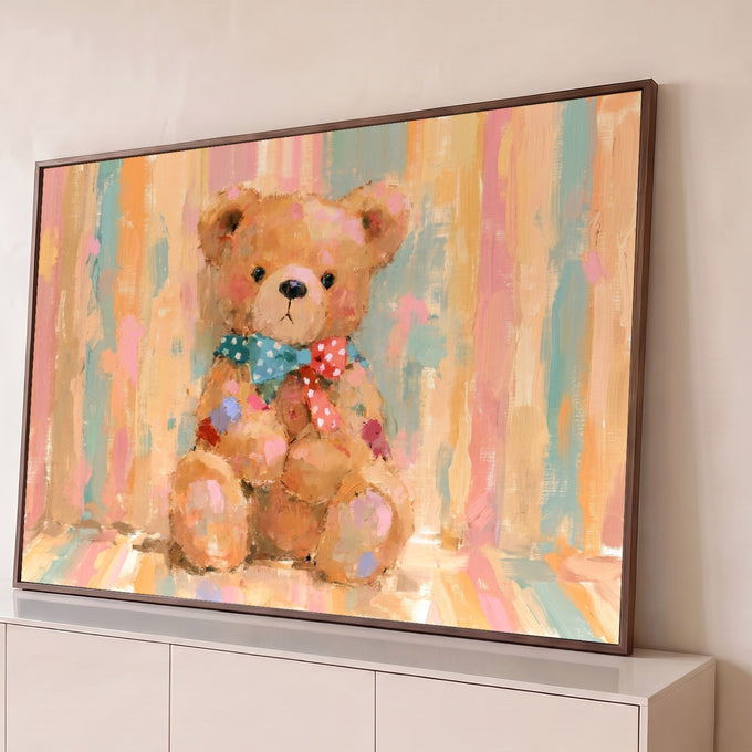 Ursinho de pelúcia com laço de bolinhas em pintura a óleo sobre fundo listrado pastel, quadro decorativo