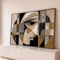 Quadro Decorativo Grande Rosto Geométrico para Sala Bege | quadros decorativos para sala | rosto abstrato em formas geométricas com olho em destaque, tons bege, preto e dourado | Porao dos Quadros