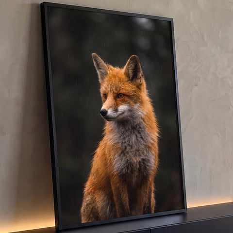 Raposa vermelha sentada sob garoa com fundo de floresta escura desfocada, quadro decorativo