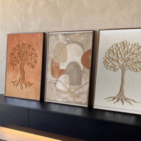 Quadro Decorativo Kit 3 Telas Árvore da Vida para Sala | quadros decorativos para sala | três telas com árvores em relevo dourado e branco e abstrato em tons terracota | Porao dos Quadros