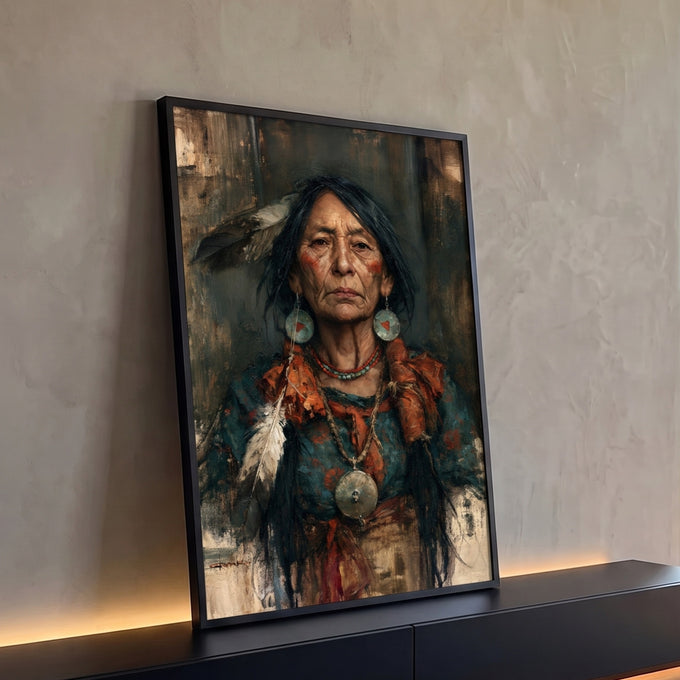 Quadro Decorativo Retrato de Mulher Indígena com Penas | quadros decorativos para sala | retrato pintado de mulher indígena idosa com penas, brincos turquesa e medalhão prateado | Porao dos Quadros