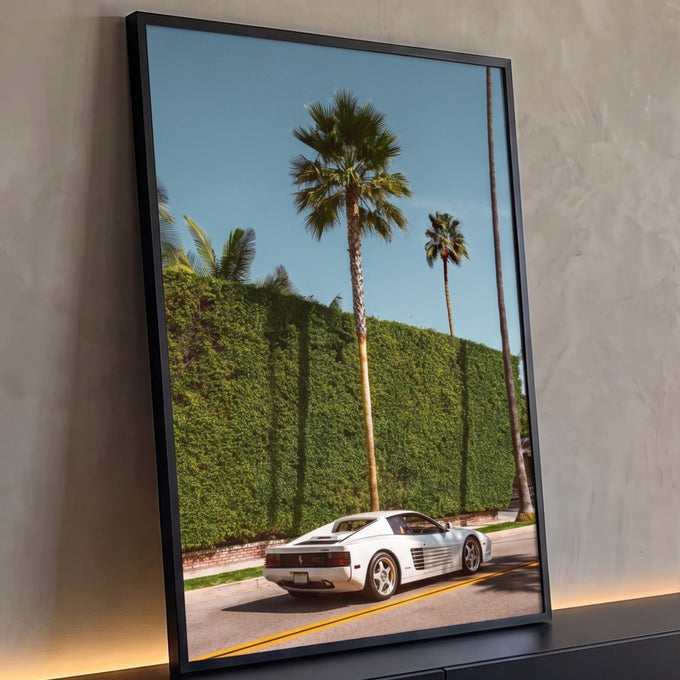 Carro esportivo branco estacionado sob palmeiras altas, muro verde e céu azul, quadro decorativo