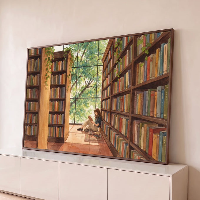 Aquarela de jovem lendo no chão da biblioteca entre estantes e janela com árvore, quadro decorativo