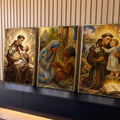 Quadro Decorativo Kit 3 Telas Santo Antônio para Sala Marrom | quadros decorativos para sala | tríptico sacro com Santo Antônio, Menino Jesus e Madre Teresa em tons dourados e azuis | Porao dos Quadros