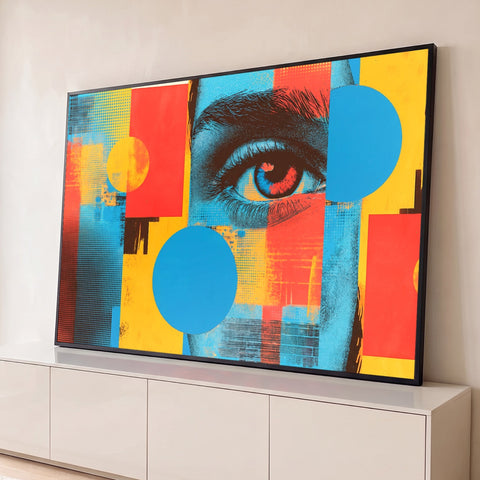 Olho feminino em close com colagem pop art, halftone e círculos azuis, vermelhos e amarelos, quadro decorativo