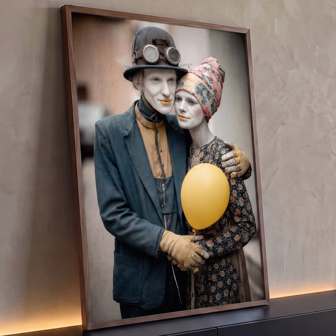 Casal de mímicos com maquiagem branca abraçados segurando balão amarelo, quadro decorativo