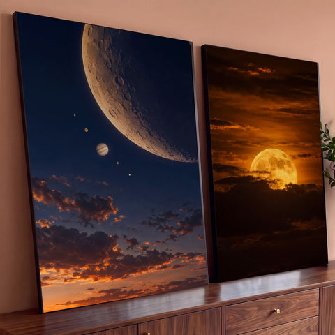 Quadro Decorativo Kit 2 Telas Fases da Lua para Sala Azul | quadros decorativos para sala | diptico com lua crescente e Júpiter sobre céu azul e lua cheia dourada entre nuvens | Porao dos Quadros
