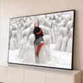Quadro Decorativo Grande Mulher de Vermelho para Sala Branco | quadros decorativos para sala | mulher de vermelho e preto recostada entre estátuas brancas rachadas com lábios vermelhos | Porao dos Quadros