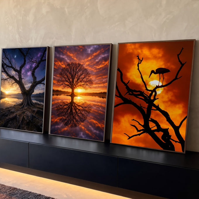 Quadro Decorativo Kit 3 Telas Árvores e Pôr do Sol para Sala | quadros decorativos para sala | três painéis com árvores em silhueta sob céu noturno estrelado e pôr do sol laranja | Porao dos Quadros