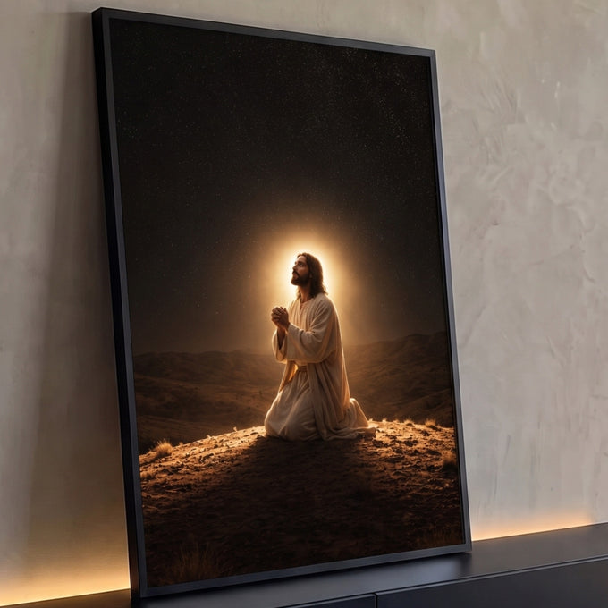Quadro Decorativo Grande Jesus Céu Estrelado para Sala | quadros decorativos para sala | homem ajoelhado em oração com halo dourado sob céu estrelado | Porao dos Quadros
