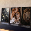 Quadro Decorativo Kit 3 Telas Leão com Fumaça para Sala | quadros decorativos para sala | trio de painéis com leão realista entre fumaça e textura abstrata preta e dourada | Porao dos Quadros