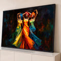Três mulheres negras dançando com turbantes e vestidos coloridos em pintura a óleo, quadro decorativo
