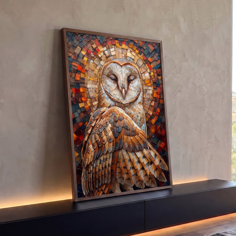 Coruja-das-torres de olhos fechados em mosaico marrom, com fundo de peças laranja e azuis, quadro decorativo
