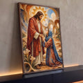 Quadro Decorativo Grande Jesus Abençoando para Sala Vermelho | quadros decorativos para sala | Jesus com halo dourado segura as mãos de mulher ajoelhada em estilo mosaico colorido | Porao dos Quadros