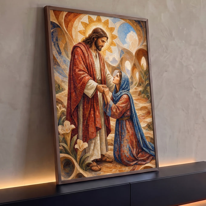 Quadro Decorativo Grande Jesus Abençoando para Sala Vermelho | quadros decorativos para sala | Jesus com halo dourado segura as mãos de mulher ajoelhada em estilo mosaico colorido | Porao dos Quadros