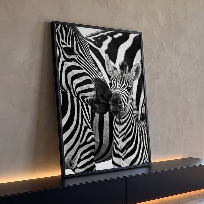 Zebra adulta e filhote focinho a focinho em fotografia preto e branco de alto contraste, quadro decorativo