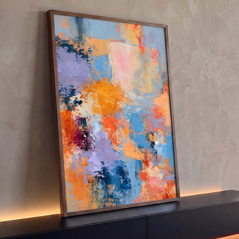 Quadro Decorativo Abstrato Laranja e Azul com Textura | quadros decorativos para sala | pintura abstrata texturizada em laranja, azul, lavanda e creme | Porao dos Quadros