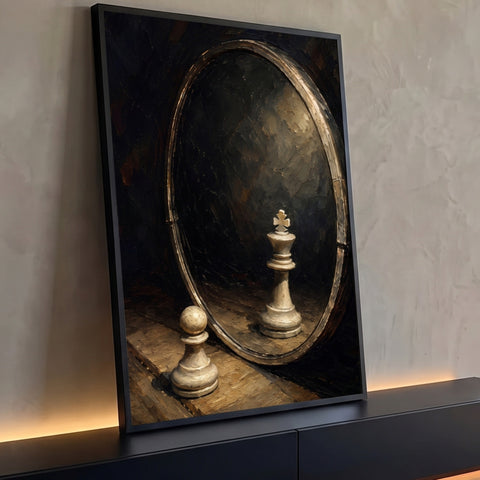 Peão de xadrez diante de espelho oval refletindo um rei, pintura a óleo em tons escuros, quadro decorativo
