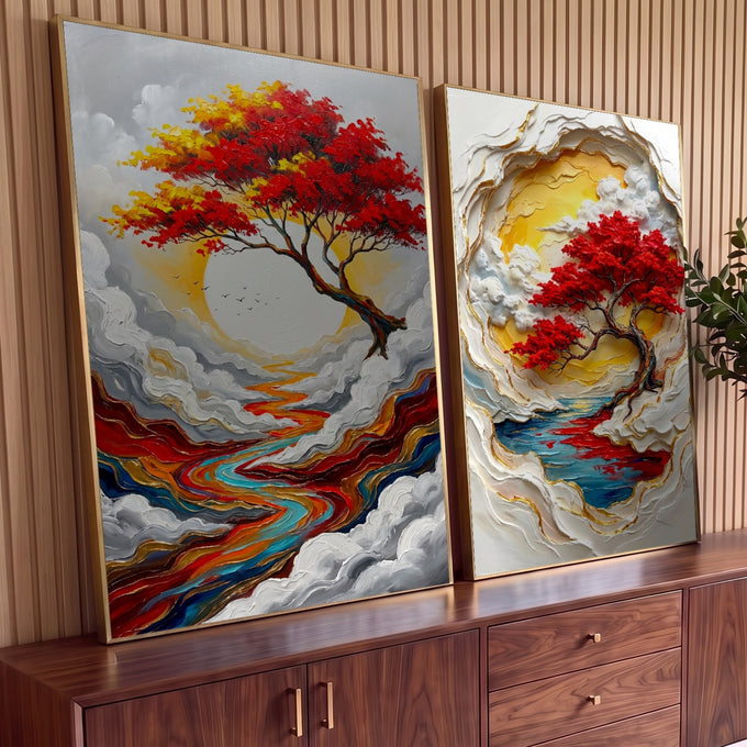 Quadro Decorativo Grande Árvore Vermelha Formatos para Sala | quadros decorativos para sala | árvore com folhagem vermelha e dourada sobre sol branco, cercada de nuvens em relevo | Porao dos Quadros