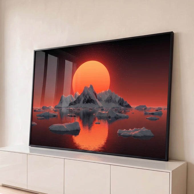 Quadro Decorativo Grande Sol Gigante Laranja para Sala | quadros decorativos para sala | sol laranja gigante sobre montanhas nevadas com icebergs refletidos no mar | Porao dos Quadros