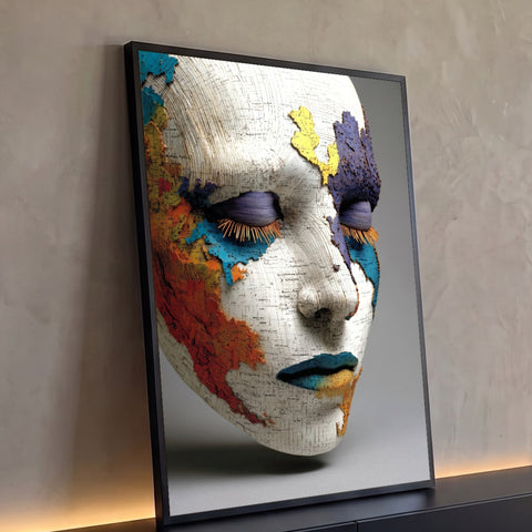 Quadro Decorativo Grande Rosto em Mapas para Sala Branco | quadros decorativos para sala | rosto esculpido em mapas antigos com cílios laranja e lábios coloridos | Porao dos Quadros