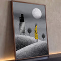 Quadro Decorativo Grande Mulher de Vestido para Sala Amarelo | quadros decorativos para sala | mulher de vestido amarelo com bolinhas pretas sob lua cheia e prédio pontilhado | Porao dos Quadros