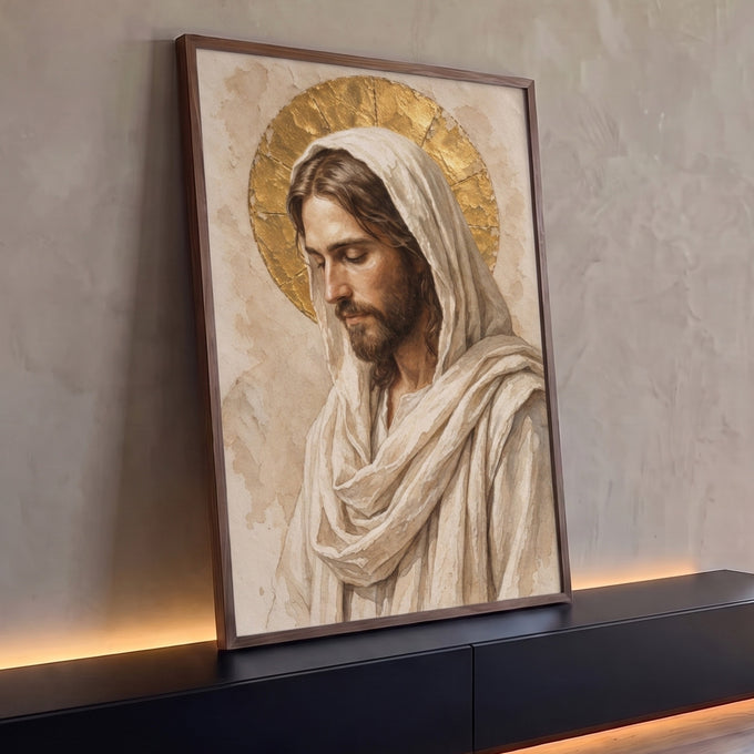 Quadro Decorativo Grande Jesus Cristo Bege para Sala | quadros decorativos para sala | retrato de Jesus Cristo em aquarela com manto branco e halo dourado | Porao dos Quadros