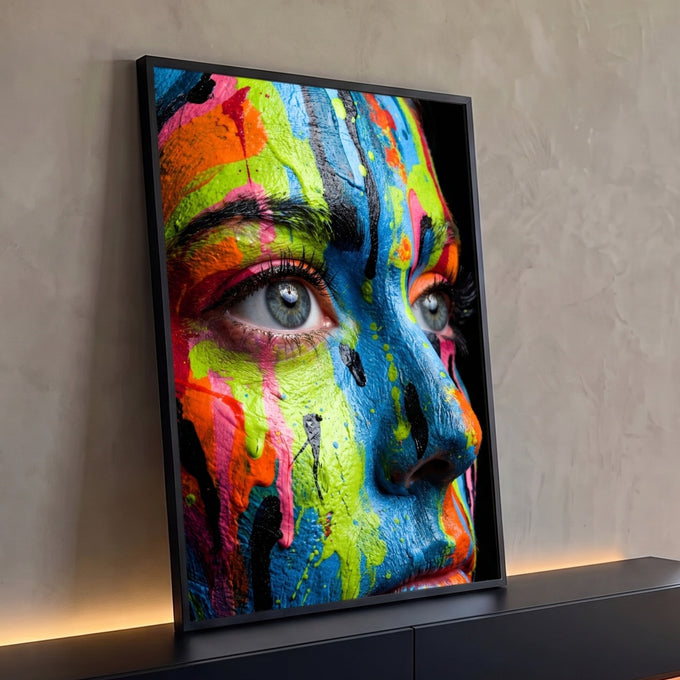 Close de rosto de mulher com tinta neon azul, verde e laranja escorrendo, olhos claros, quadro decorativo