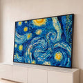 Quadro Decorativo Grande Noite Céu Estrelado para Sala | quadros decorativos para sala | detalhe ampliado de céu estrelado com espirais azuis e astros dourados | Porao dos Quadros