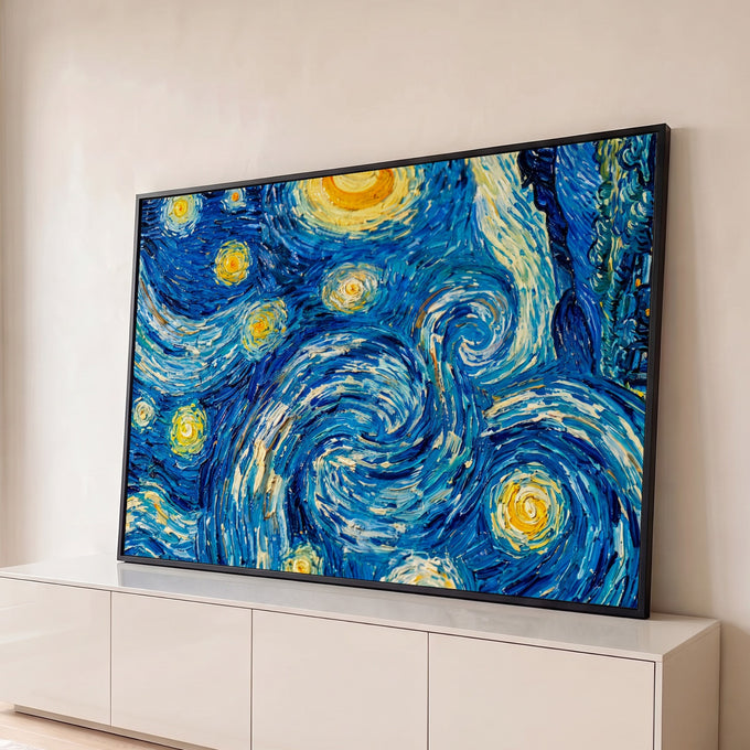Quadro Decorativo Grande Noite Céu Estrelado para Sala | quadros decorativos para sala | detalhe ampliado de céu estrelado com espirais azuis e astros dourados | Porao dos Quadros