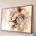Quadro Decorativo Grande Família de Leões Bege para Sala | quadros decorativos para sala | família de leões em aquarela sépia com macho, fêmea e dois filhotes aconchegados | Porao dos Quadros
