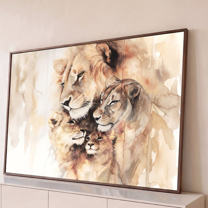 Quadro Decorativo Grande Família de Leões Bege para Sala | quadros decorativos para sala | família de leões em aquarela sépia com macho, fêmea e dois filhotes aconchegados | Porao dos Quadros
