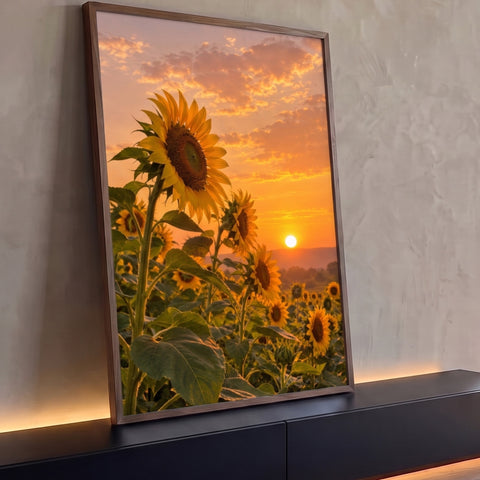 Girassol em primeiro plano em campo de girassóis com sol poente e céu laranja, quadro decorativo