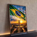 Bandeira do Brasil tremulando sobre o Congresso Nacional em Brasília ao pôr do sol dourado, quadro decorativo