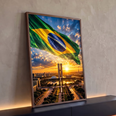 Bandeira do Brasil tremulando sobre o Congresso Nacional em Brasília ao pôr do sol dourado, quadro decorativo
