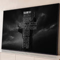 Quadro Decorativo Grande Salmo 91 para Sala Preto | quadros decorativos para sala | silhueta de figura com braço erguido ao céu, texto do Salmo 91 em preto e branco | Porao dos Quadros