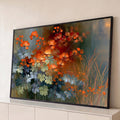 Quadro Decorativo Flores Laranja com Folhagens Verdes sobre | quadros decorativos para sala | flores laranja e vermelhas com folhagens verdes sobre fundo abstrato dourado | Porao dos Quadros