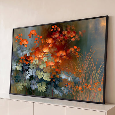 Quadro Decorativo Flores Laranja com Folhagens Verdes sobre