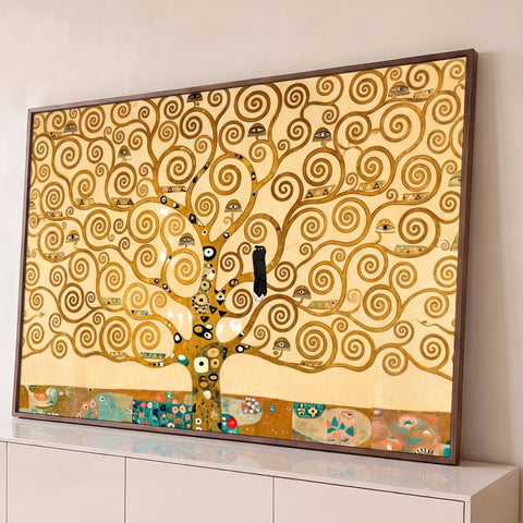 Quadro Decorativo Grande Arvore da Vida para Sala Dourado | quadros decorativos para sala | árvore dourada com galhos em espiral e jardim colorido na base | Porao dos Quadros